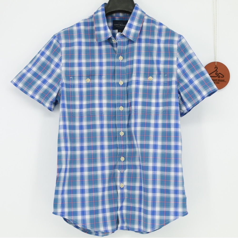 Lucky Brand Mens Blue Plaid Short Sleeve Button Up Shirt Size Small Casual NWT